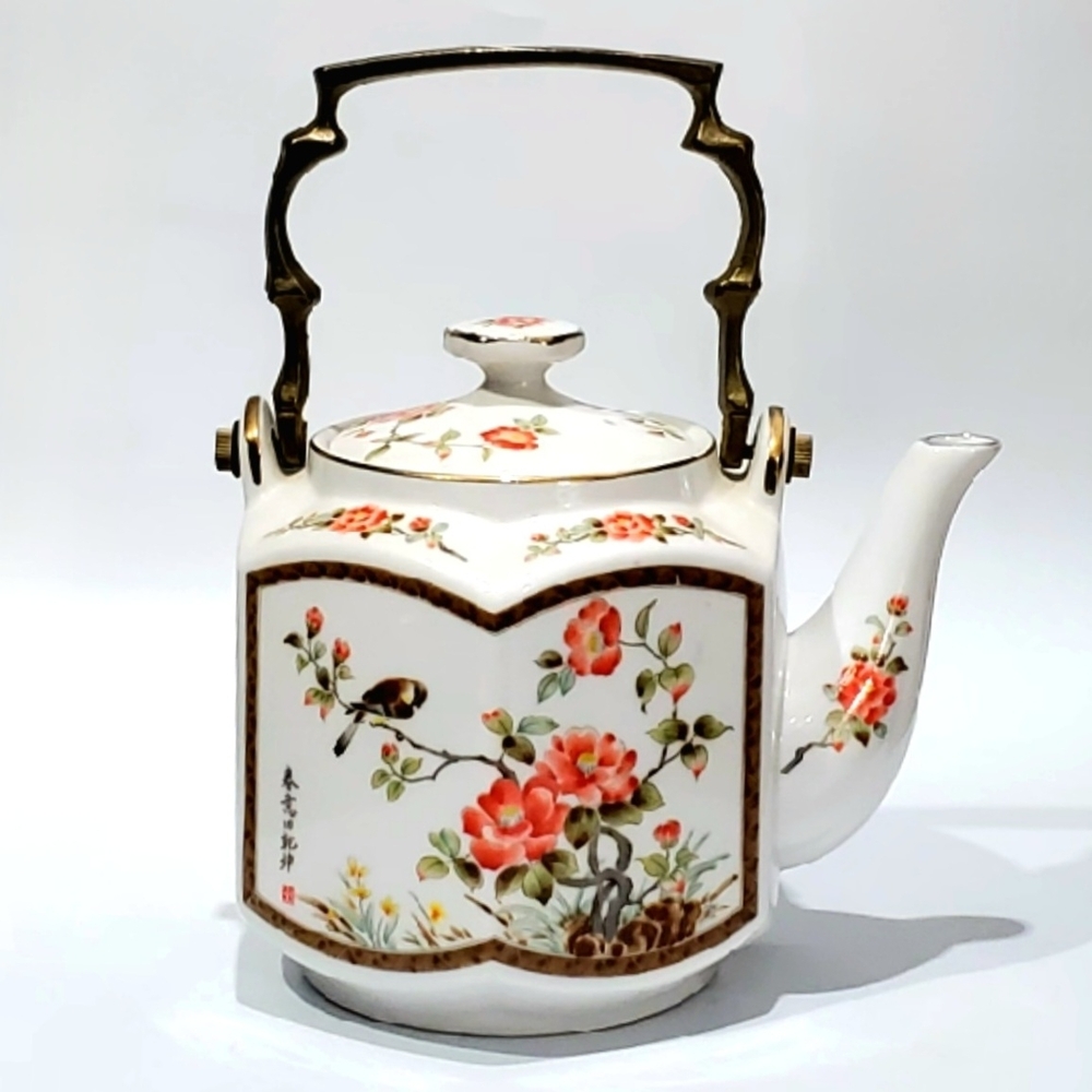 Vntg 9" Porcelain Camellias Peonies Hexagonal Brass Bamboo Handle Teapot Japan
